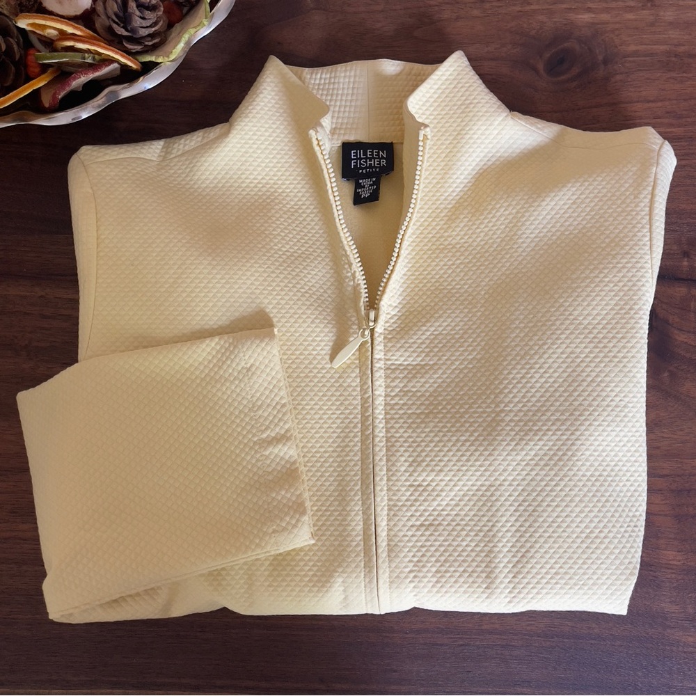 Eileen Fisher Petite PP Yellow Textured Zip Jacket XS Micro quilted Like New